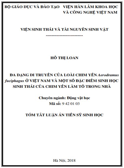 Luận án Đa dạng di truyền của loài Chim yến Aerodramus fuciphagus ở Việt Nam và một số đặc điểm sinh học, sinh thái của Chim yến làm tổ trong nhà