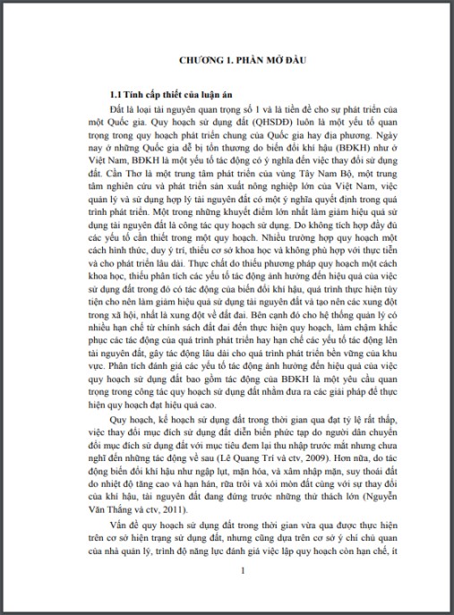 Luận án Đánh giá các yếu tố tác động đến kết quả thực hiện kế hoạch sử dụng đất làm cơ sở cho quy hoạch sử dụng đất trong điều kiện BĐKH – Trường hợp tại Tp.Cần Thơ
