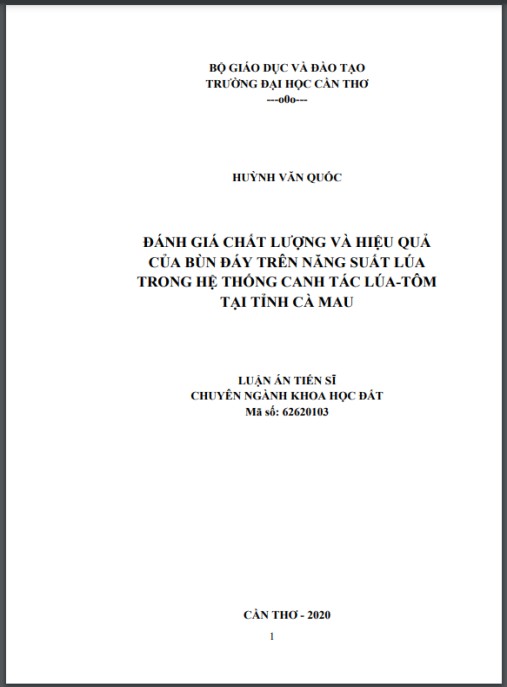 Luận án Đánh giá chất lượng và hiệu quả của bùn đáy trên năng suất lúa trong hệ thống canh tác lúa-tôm tại tỉnh Cà Mau