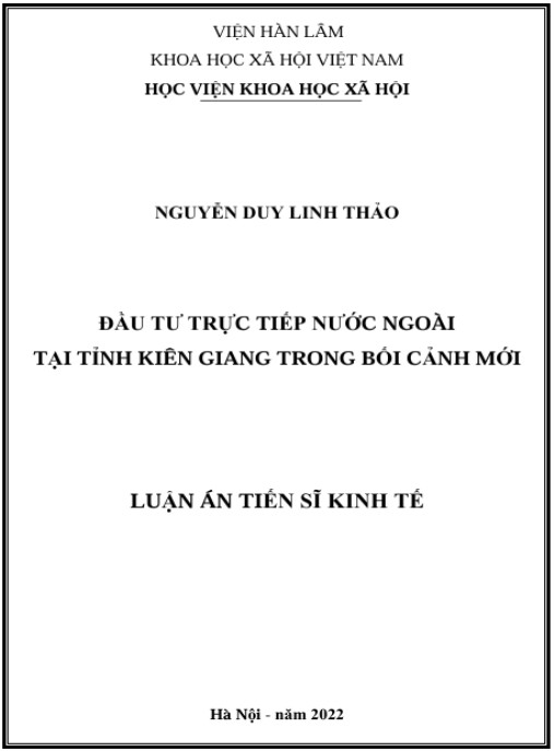 Luận án Đầu tư trực tiếp nước ngoài (FDI) tại tỉnh kiên giang trong bối cảnh mới