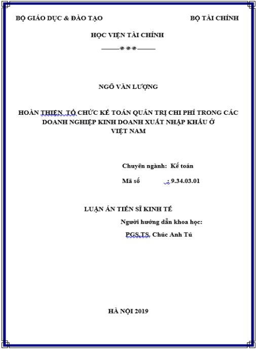 Luận án HOÀN THIỆN KẾ TOÁN QUẢN TRỊ CHI PHÍ TRONG CÁC DOANH NGHIỆP KINH DOANH XUẤT NHẬP KHẨU Ở VIỆT NAM