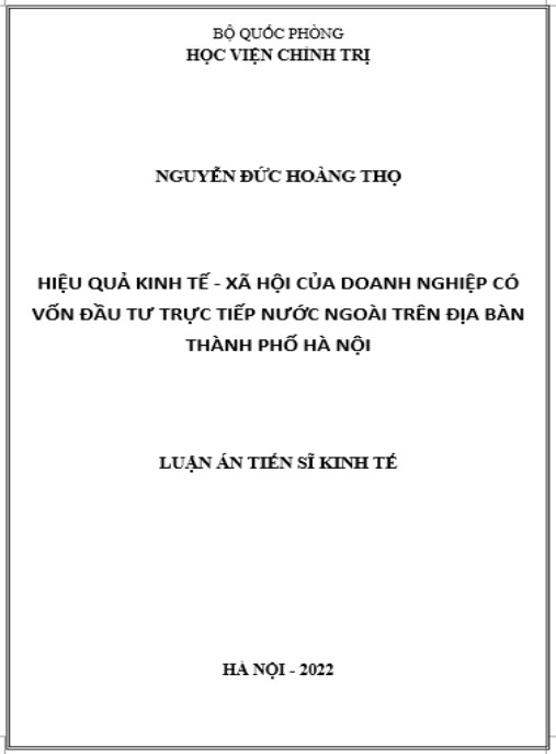 Luận án Hiệu quả kinh tế – xã hội của doanh nghiệp có vốn đầu tư trực tiếp nước ngoài trên địa bàn thành phố Hà Nội
