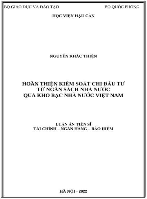 Luận án Hoàn thiện kiểm soát chi đầu tư từ ngân sách nhà nước qua Kho bạc Nhà nước Việt Nam
