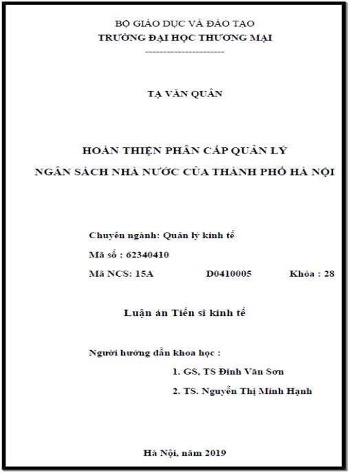 Luận án Hoàn thiện phân cấp quản lý NSNN của thành phố Hà Nội