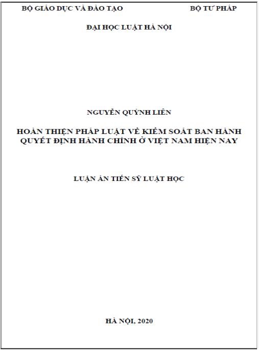 Luận án Hoàn thiện pháp luật về kiểm soát ban hành quyết định hành chính ở Việt Nam hiện nay