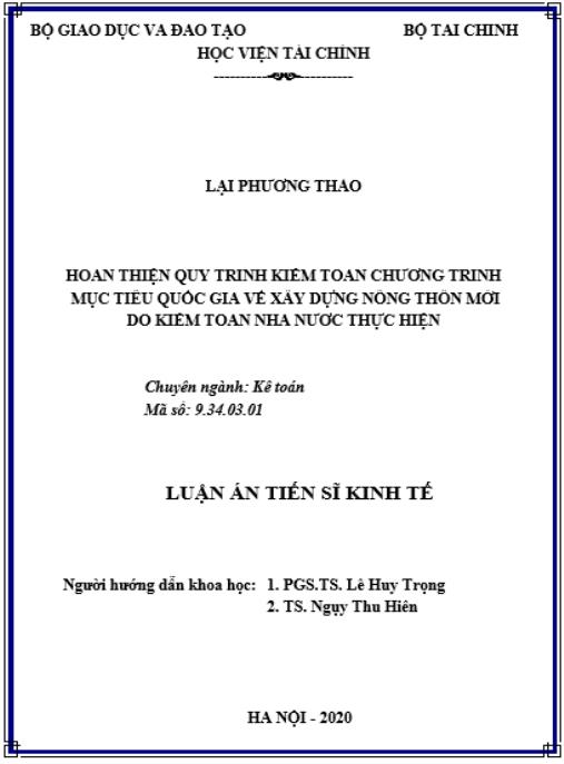 Luận án Hoàn thiện quy trình kiểm toán chương trình mục tiêu quốc gia về Xây dựng Nông thôn mới do Kiểm toán nhà nước thực hiện
