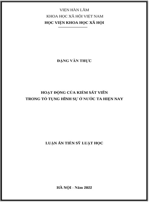 Luận án Hoạt động của Kiểm sát viên trong tố tụng hình sự ở nước ta hiện nay