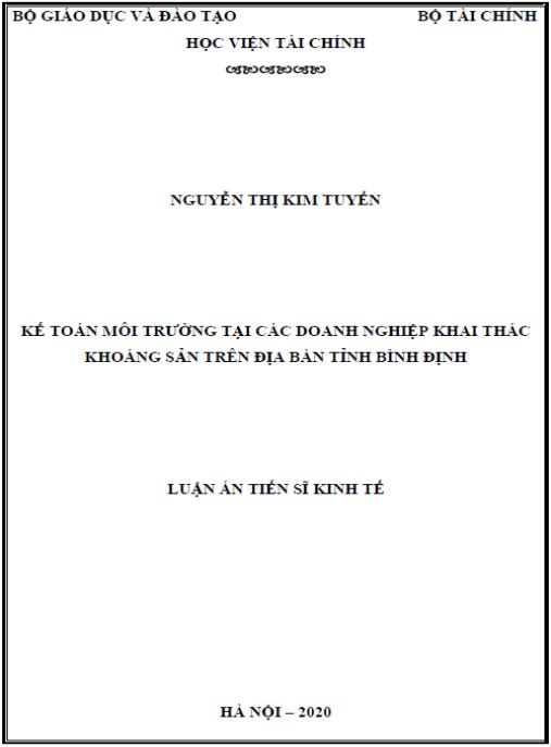 Luận án Kế toán môi trường tại các doanh nghiệp khai thác khoáng sản trên địa bàn tỉnh Bình Định