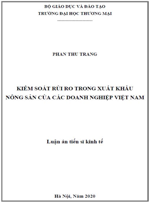 Luận án Kiểm soát rủi ro trong xuất khẩu nông sản của các doanh nghiệp Việt Nam