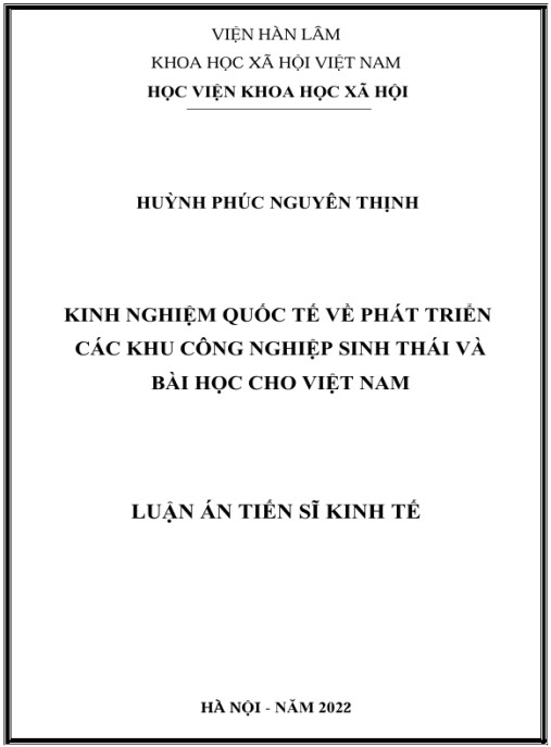 Luận án Kinh nghiệm quốc tế về phát triển các khu công nghiệp sinh thái và bài học cho Việt Nam