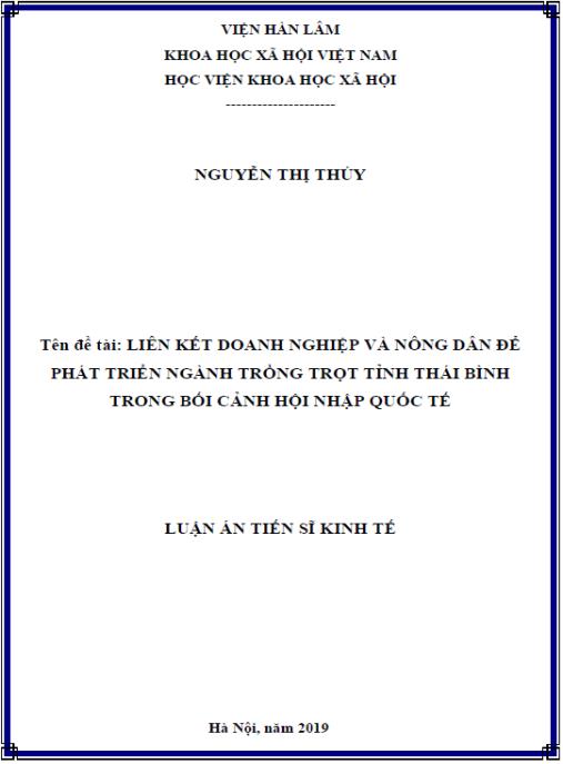 Luận án Liên kết doanh nghiệp và nông dân để phát triển ngành trồng trọt tỉnh Thái Bình trong bối cảnh hội nhập quốc tế