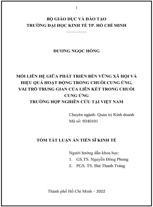 Luận án Mối liên hệ giữa phát triển bền vững xã hội và hiệu quả hoạt động trong chuỗi cung ứng, vai trò trung gian của liên kết trong chuỗi cung ứng: Trường hợp nghiên cứu tại Việt Nam.