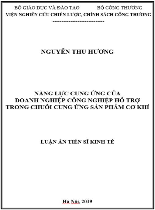 Luận án Năng lực cung ứng của doanh nghiệp ngành công nghiệp hỗ trợ Việt Nam trong chuỗi cung ứng sản phẩm cơ khí