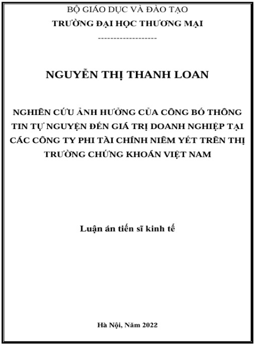 Luận án Nghiên cứu ảnh hưởng của công bố thông tin tự nguyện đến giá trị doanh nghiệp tại các công ty phi tài chính niêm yết trên thị trường chứng khoán Việt Nam