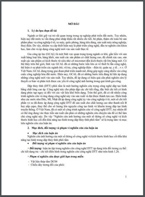 Luận án Nghiên cứu ảnh hưởng của một số thông số công nghệ và kích thước hình học cối đến khả năng tạo hình trong dập thủy tĩnh phôi tâm