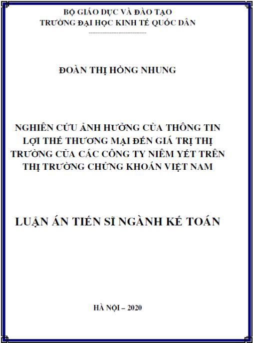 Luận án Nghiên cứu ảnh hưởng của thông tin lợi thế thương mại đến giá trị thị trường của các công ty niêm yết trên thị trường chứng khoán Việt Nam