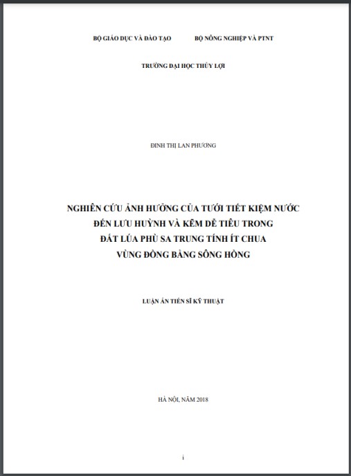 Luận án Nghiên cứu ảnh hưởng của tưới tiết kiệm nước đến lưu huỳnh và kẽm dễ tiêu trong đất lúa phù sa trung tính ít chua vùng đồng bằng sông Hồng