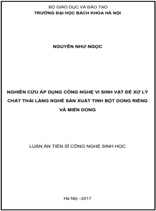 Luận án Nghiên cứu áp dụng công nghệ vi sinh vật để xử lý chất thải làng nghề sản xuất tinh bột dong riềng và miến dong