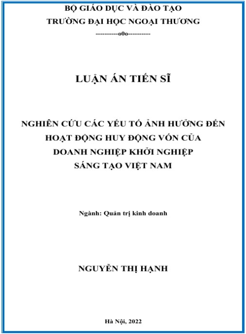 Luận án Nghiên cứu các yếu tố ảnh hưởng đến hoạt động huy động vốn của doanh nghiệp khởi nghiệp sáng tạo Việt Nam