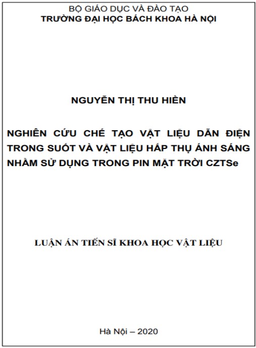 Luận án Nghiên cứu chế tạo vật liệu dẫn điện trong suốt và vật liệu hấp thụ ánh sáng nhằm sử dụng trong pin mặt trời CZTSe.