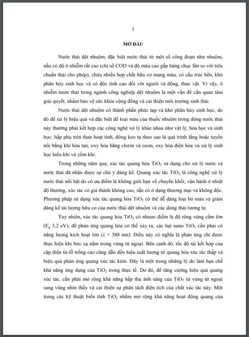 Luận án Nghiên cứu đánh giá hiệu quả xử lý nước thải dệt nhuộm bằng vật liệu nanotitandioxit pha tạp