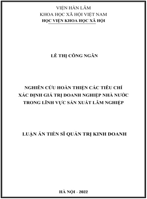 Luận án Nghiên cứu hoàn thiện các tiêu chí xác định giá trị doanh nghiệp Nhà nước trong lĩnh vực sản xuất lâm nghiệp