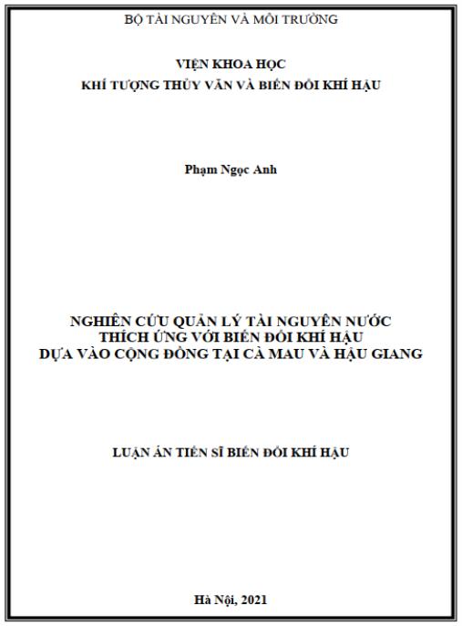 Luận án Nghiên cứu quản lý tài nguyên nước thích ứng với biến đổi khí hậu dựa vào cộng đồng tại Cà Mau và Hậu Giang