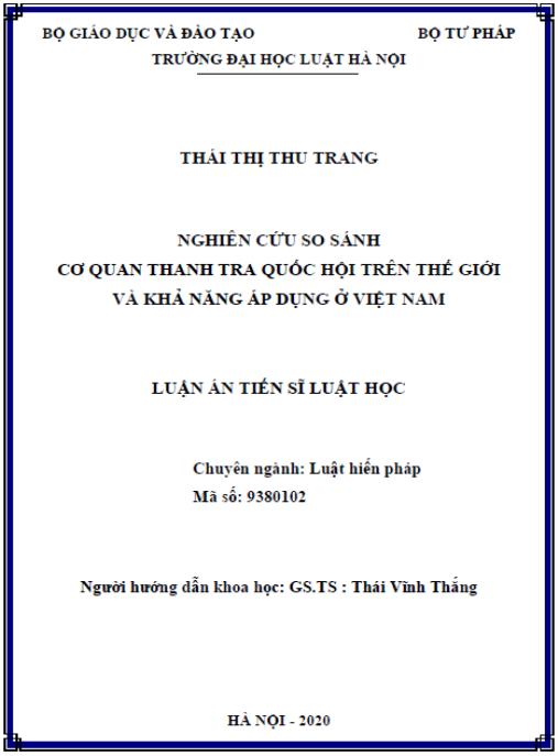Luận án Nghiên cứu so sánh cơ quan Thanh tra Quốc hội các nước trên thế giới và khả năng áp dụng ở Việt Nam