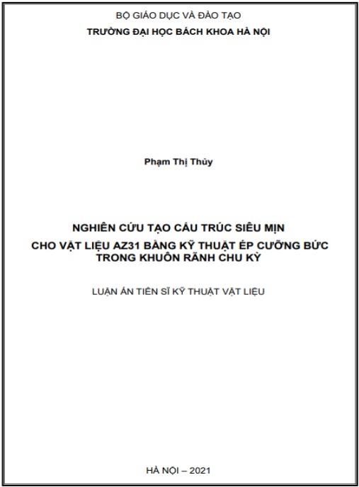 Luận án Nghiên cứu tạo cấu trúc siêu mịn cho vật liệu AZ31 bằng kỹ thuật ép cưỡng bức trong khuôn rãnh chu kỳ