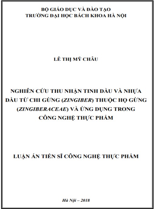 Luận án Nghiên cứu thu nhận tinh dầu và nhựa dầu từ chi Gừng (Zingiber) thuộc họ Gừng (Zingiberaceae) và ứng dụng vào công nghệ thực phẩm