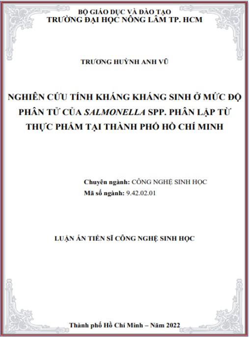 Luận án Nghiên cứu tính kháng kháng sinh ở mức độ phân tử của Salmonella spp. phân lập từ thực phẩm tại Thành phố Hồ Chí Minh