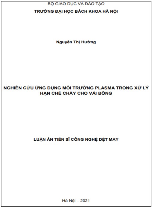 Luận án Nghiên cứu ứng dụng môi trường plasma trong xử lý hạn chế cháy cho vải bông