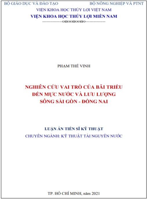 Luận án Nghiên cứu vai trò của bãi triều đến mực nước và lưu lượng sông Sài Gòn – Đồng Nai. (Research on the role of tidal flats to the water level and discharge of Saigon – Dongnai river)