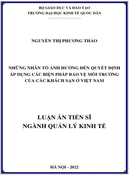 Luận án Những nhân tố ảnh hưởng đến quyết định áp dụng các giải pháp bảo vệ môi trường tại các cơ sở lưu trú ở Việt Nam