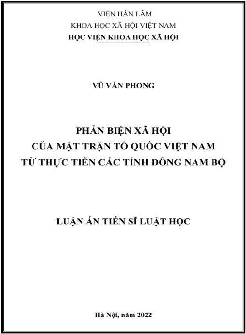 Luận án Phản biện xã hội của Mặt trận Tổ quốc Việt Nam từ thực tiễn các tỉnh Đông Nam Bộ