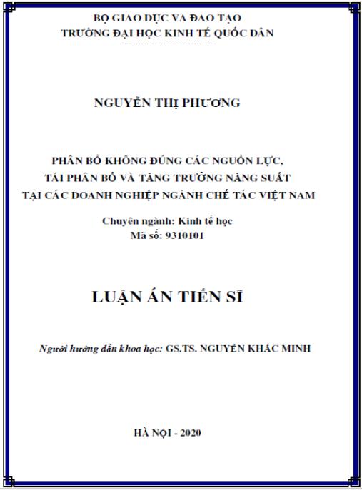 Luận án Phân bổ không đúng các nguồn lực, tái phân bổ và tăng trưởng năng suất tại các doanh nghiệp ngành chế tác Việt Nam