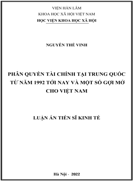 Luận án Phân quyền tài chính tại Trung Quốc từ năm 1992 tới nay và một số gợi mở cho Việt Nam.
