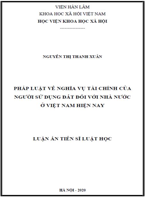 Luận án Pháp luật về Nghĩa vụ tài chính của người sử dụng đất đối với Nhà nước ở Việt Nam hiện nay