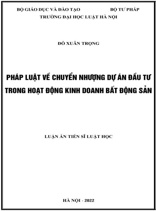 Luận án Pháp luật về chuyển nhượng dự án đầu tư trong hoạt động kinh doanh bất động sản