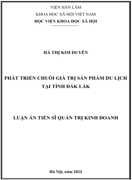 Luận án Phát triển chuỗi giá trị sản phẩm du lịch tại tỉnh Đắk Lắk