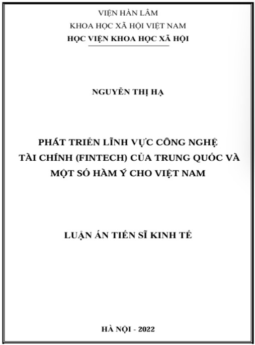 Luận án Phát triển lĩnh vực công nghệ tài chính (FinTech) của Trung Quốc và một số hàm ý cho Việt Nam