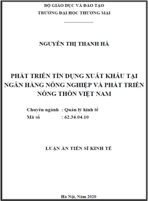 Luận án Phát triển tín dụng xuất khẩu tại Ngân hàng Nông nghiệp và Phát triển Nông thôn Việt Nam