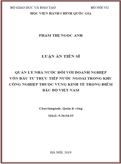 Luận án Quản lý nhà nước đối với doanh nghiệp FDI trong khu công nghiệp thuộc vùng kinh tế trọng điểm Bắc bộ Việt Nam.