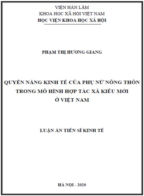 Luận án Quyền năng kinh tế của phụ nữ nông thôn trong mô hình hợp tác xã kiểu mới ở Việt Nam