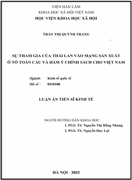 Luận án Sự tham gia của Thái Lan vào mạng sản xuất ô tô toàn cầu và hàm ý chính sách cho Việt Nam