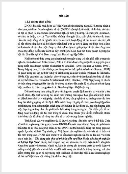 Luận án Tác động của Chia sẻ tri thức tới sự Đổi mới của các Doanh nghiệp xã hội tại Việt Nam