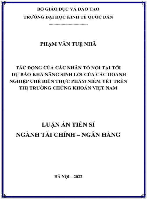 Luận án Tác động của các nhân tố nội tại tới dự báo khả năng sinh lời của các doanh nghiệp chế biến thực phẩm niêm yết trên thị trường chứng khoán Việt Nam