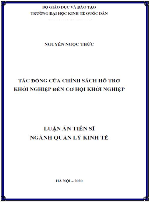 Luận án Tác động của chính sách hỗ trợ khởi nghiệp đến cơ hội khởi nghiệp.