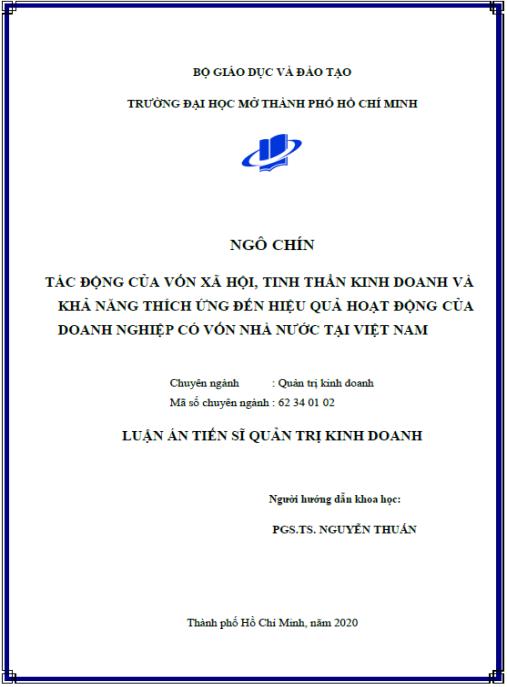 Luận án Tác động của vốn xã hội, tinh thần kinh doanh và khả năng thích ứng đến hiệu quả hoạt động của doanh nghiệp có vốn nhà nước (DNCVNN) tại Việt Nam