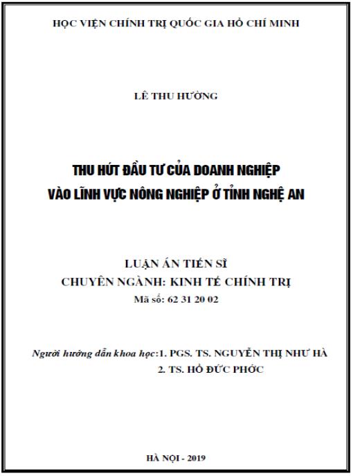 Luận án Thu hút đầu tư của doanh nghiệp vào lĩnh vực nông nghiệp ở tỉnh Nghệ An